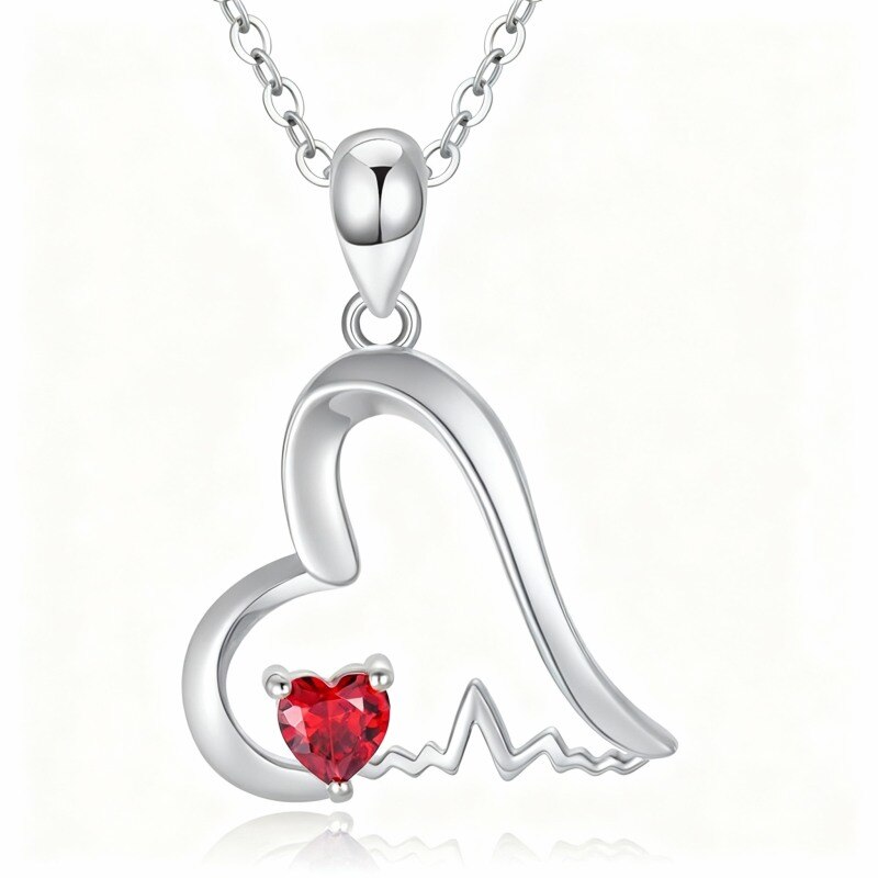Collier pendentif personnalisé en or blanc 10 carats avec zircon cubique, pierre de naissance et cœur-1
