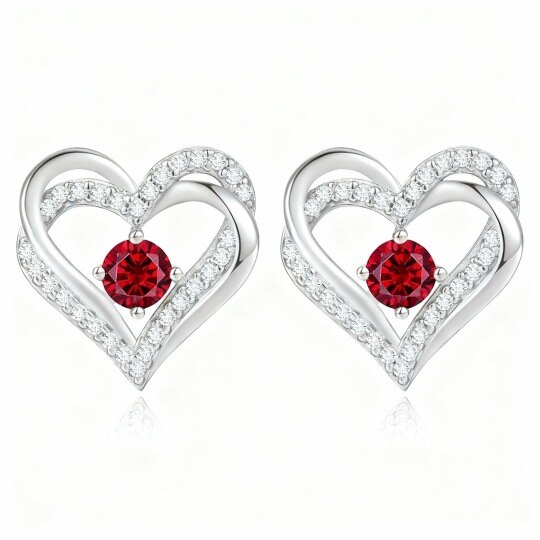Boucles d'oreilles puces en or blanc 10 carats avec zircon cubique, pierre de naissance personnalisée et motif cœur