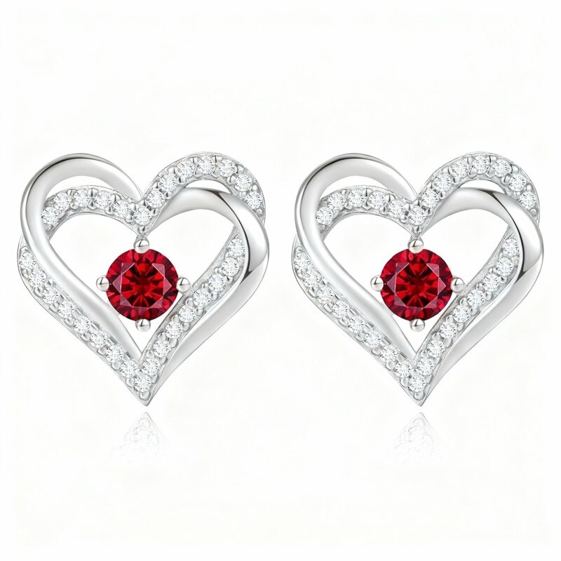 18K White Gold Cubic Zirconia Personalized Birthstone & Heart Stud Earrings-1