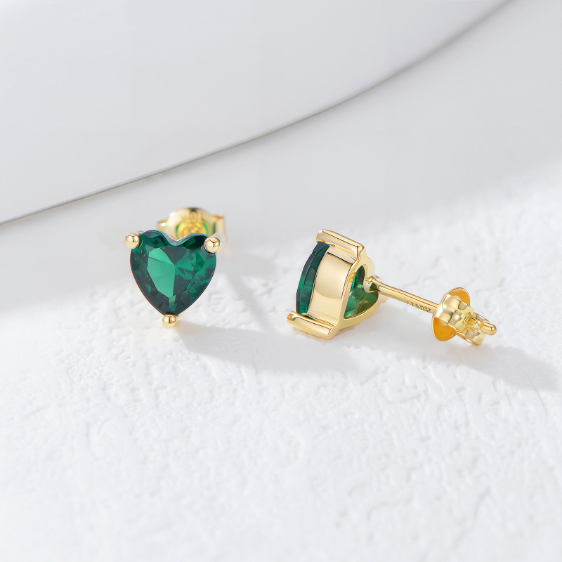 10K Gold Cubic Zirconia Personalized Birthstone & Heart Stud Earrings-3