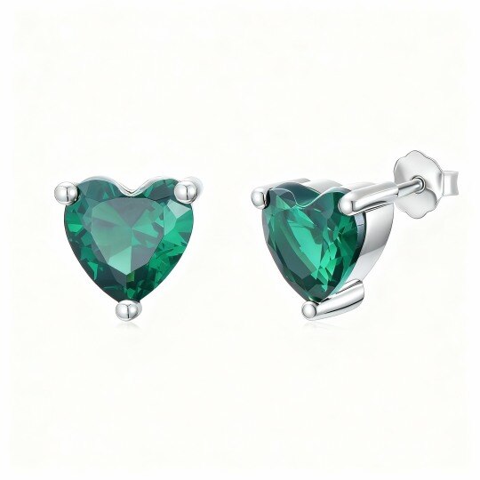 Pendientes de botón personalizados con piedra natal y corazón, de oro blanco de 10 quilates con circonita cúbica y circonitas cúbicas.