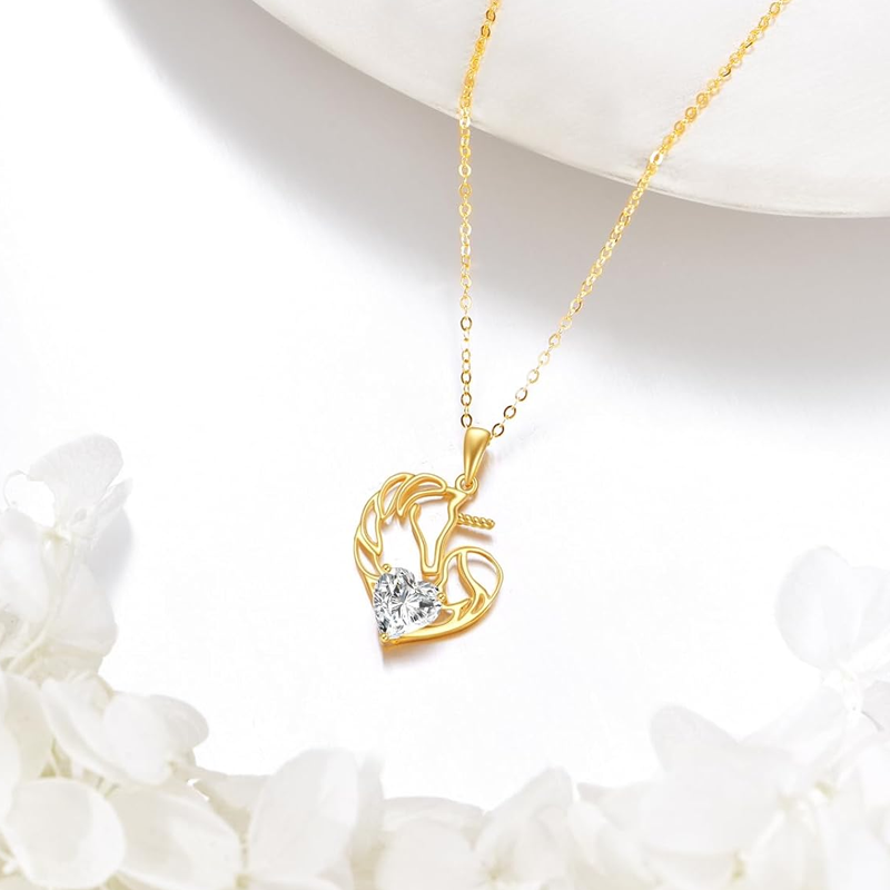 Collar de unicornio con corazón y piedra natal personalizado en oro de 14 quilates para mujer-3