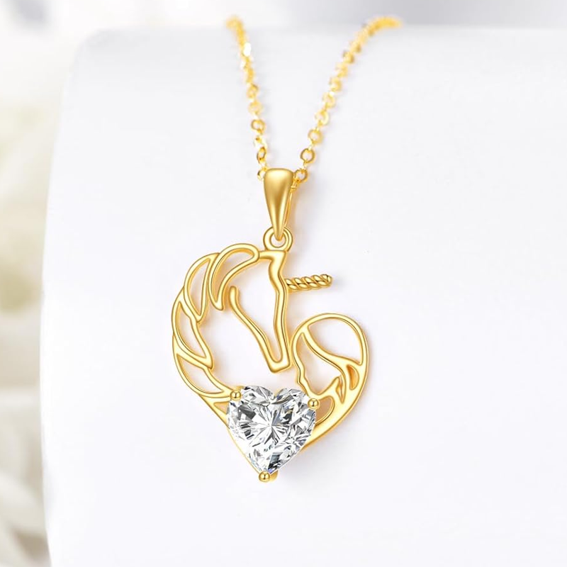 Collar de unicornio con corazón y piedra natal personalizado en oro de 14 quilates para mujer-4
