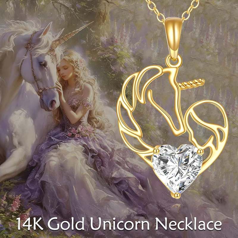 Collar de unicornio con corazón y piedra natal personalizado en oro de 14 quilates para mujer-6