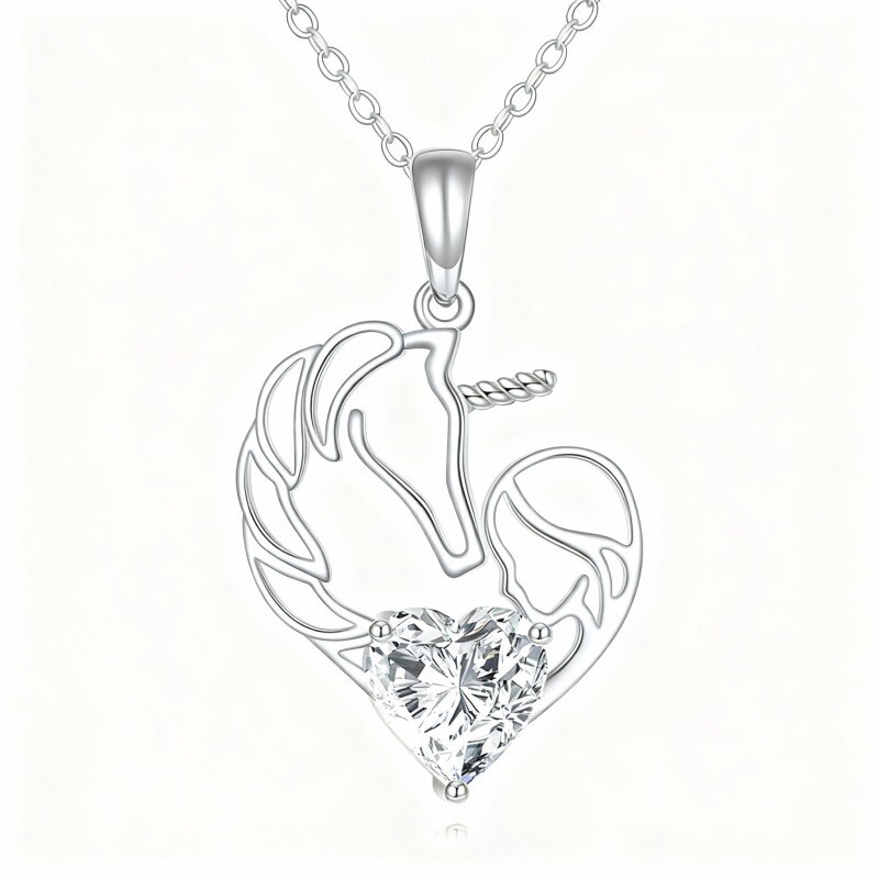 10K White Gold Cubic Zirconia Personalized Birthstone & Heart & Unicorn Pendant Necklace-18