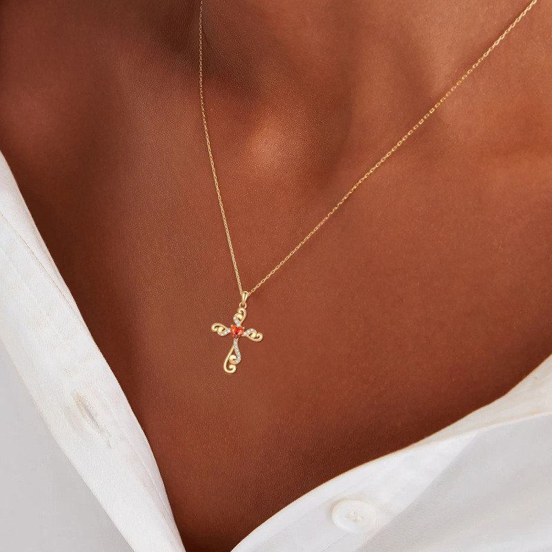 Collier en or 14 carats personnalisé avec pierre de naissance, croix et cœur en lierre pour femme-2