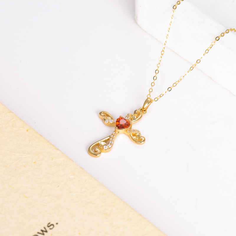 Collier en or 14 carats personnalisé avec pierre de naissance, croix et cœur en lierre pour femme-3