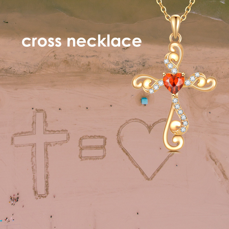 Collier en or 14 carats personnalisé avec pierre de naissance, croix et cœur en lierre pour femme-4