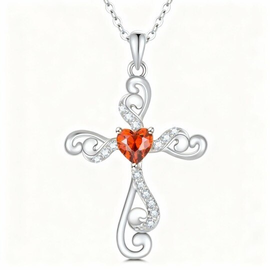 Collar con colgante de hiedra, cruz y corazón en oro blanco de 10 quilates con circonita cúbica y piedra natal personalizada.