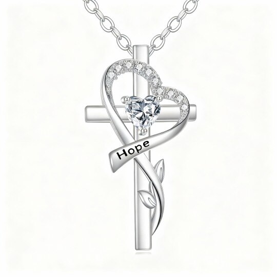 Collar con colgante de oro blanco de 10 quilates, circonitas cúbicas y piedra natal personalizada con hojas, cruz y corazón
