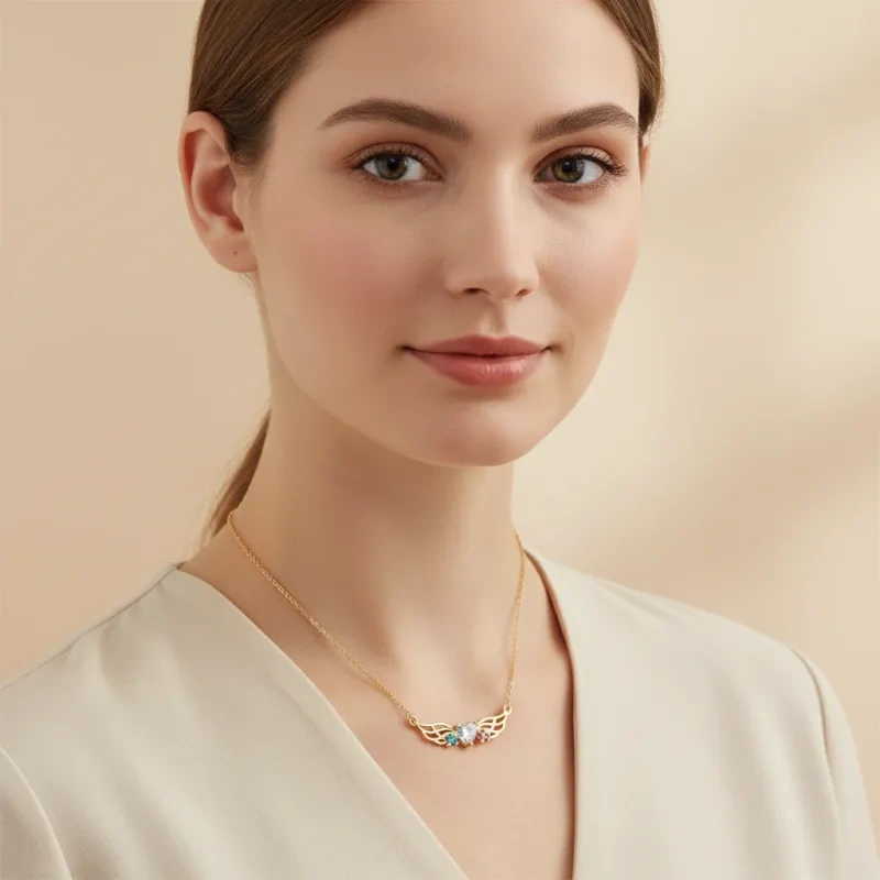 14K Gold Personalized Birthstone & Mama & Angel Wing Pendant Necklace-2