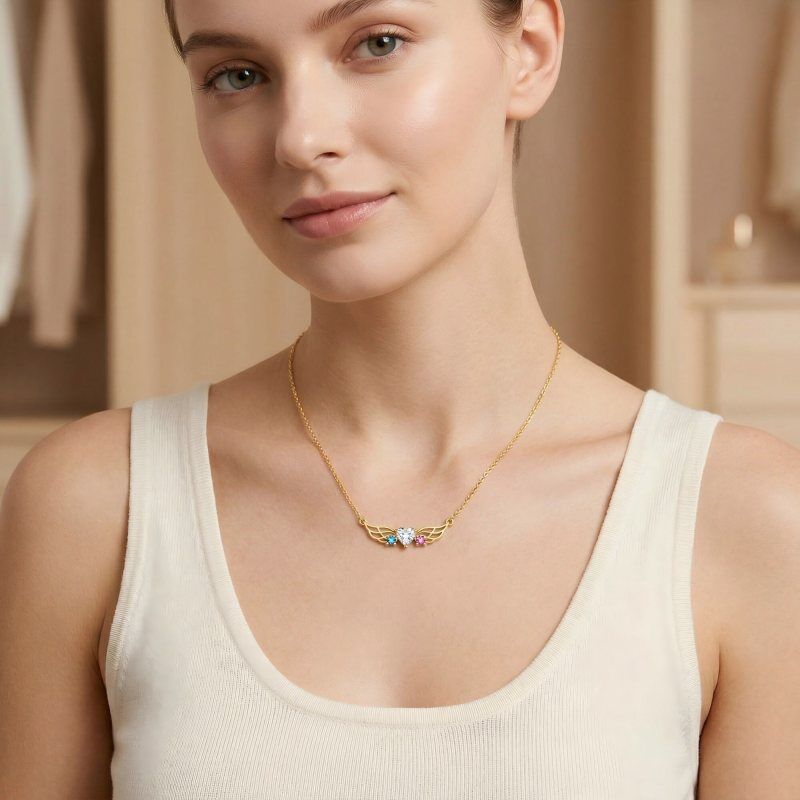 14K Gold Personalized Birthstone & Mama & Angel Wing Pendant Necklace-3