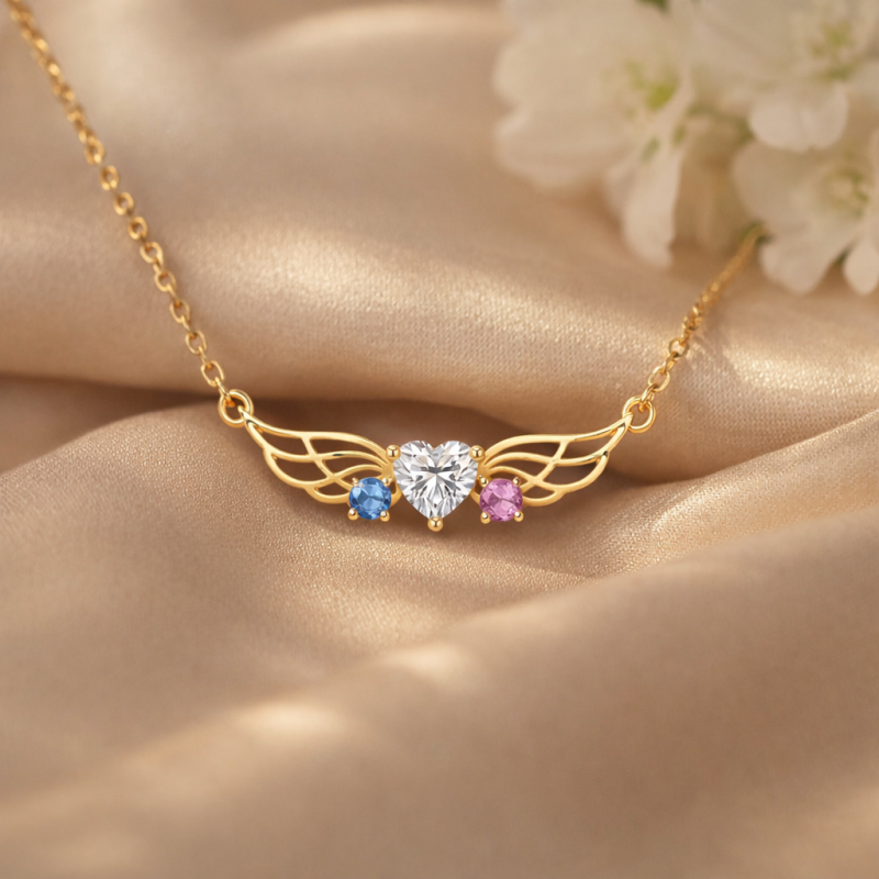 14K Gold Personalized Birthstone & Mama & Angel Wing Pendant Necklace-4