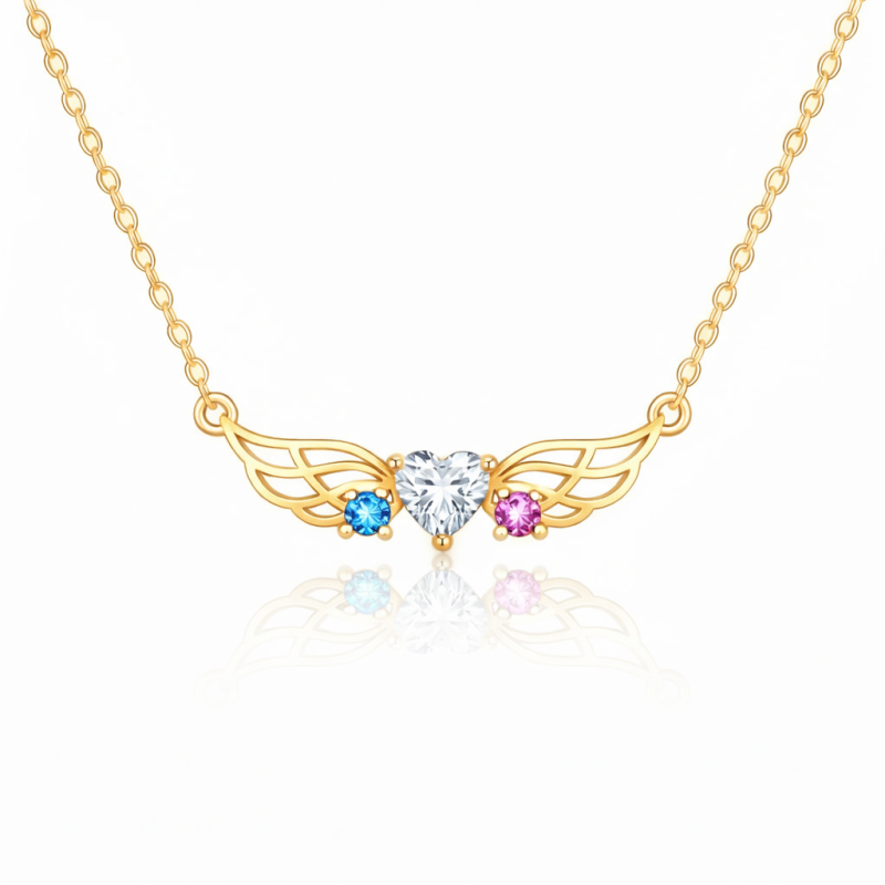 14K Gold Personalized Birthstone & Mama & Angel Wing Pendant Necklace-1