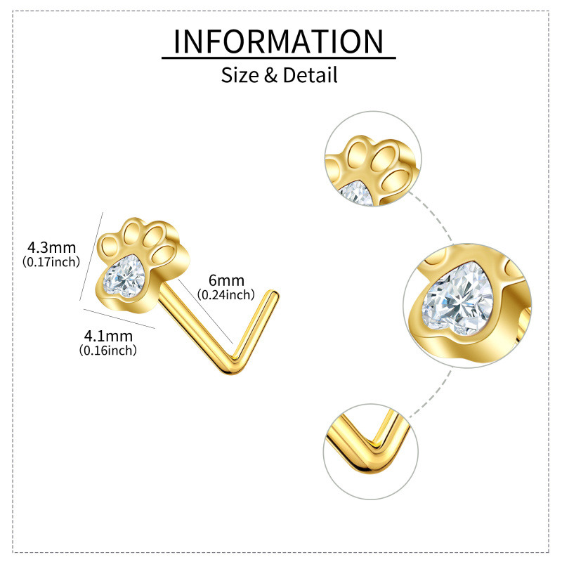 18K Gold Heart Cubic Zirconia & Personalized Birthstone Paw L Shaped Nose Ring-5