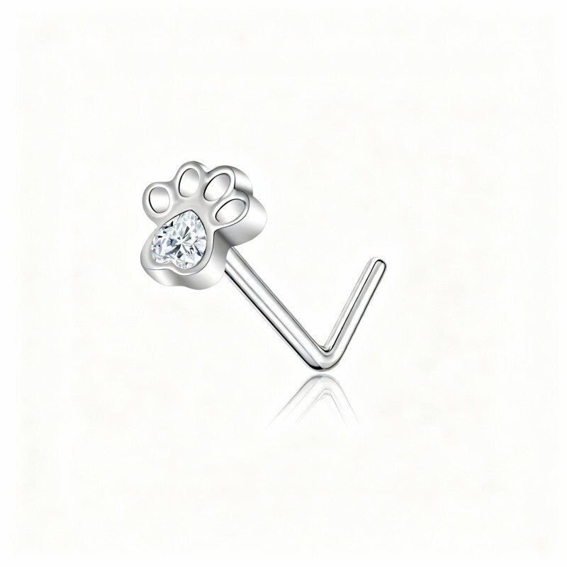 10K White Gold Cubic Zirconia & Personalized Birthstone Paw & Heart Nose Ring-18