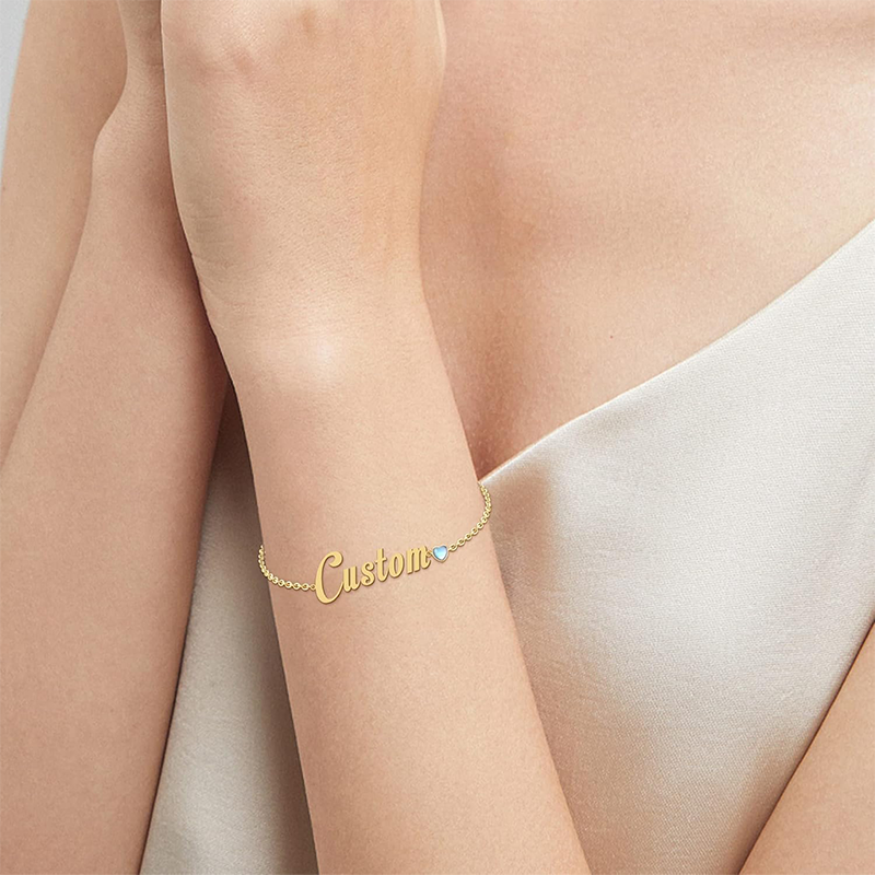 10K Gold Cubic Zirconia Personalized Birthstone Classic Name Charm Bracelet for Women-2