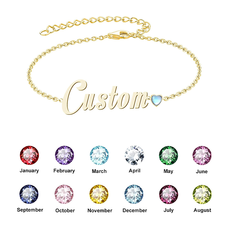 10K Gold Cubic Zirconia Personalized Birthstone Classic Name Charm Bracelet for Women-4