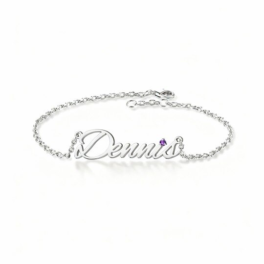 Pulseira personalizada com pendente de pedra de nascimento e nome clássico em ouro branco de 10 quilates com zircónias cúbicas.