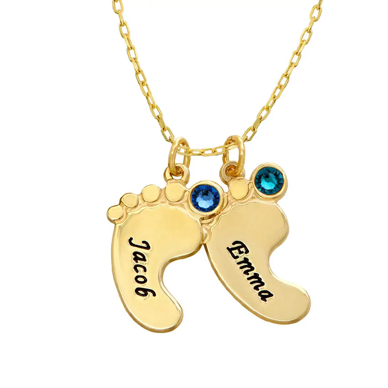 10K Rose Gold Cubic Zirconia Personalized Birthstone & Personalized Classic Name & Feet Pendant Necklace-4