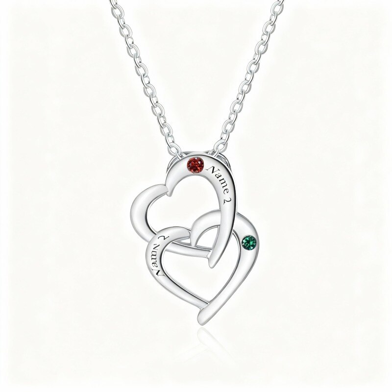 10K White Gold Cubic Zirconia Personalized Birthstone & Personalized Classic Name & Heart Pendant Necklace-1