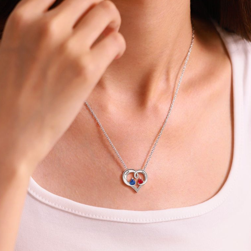 Collar con colgante de corazón con nombre y piedra natal personalizado en oro blanco de 14 quilates-2