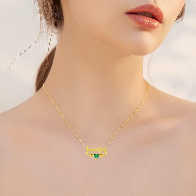 Collier cœur plaqué or 10 carats avec pierre de naissance personnalisée et nom pour femmes et hommes-2