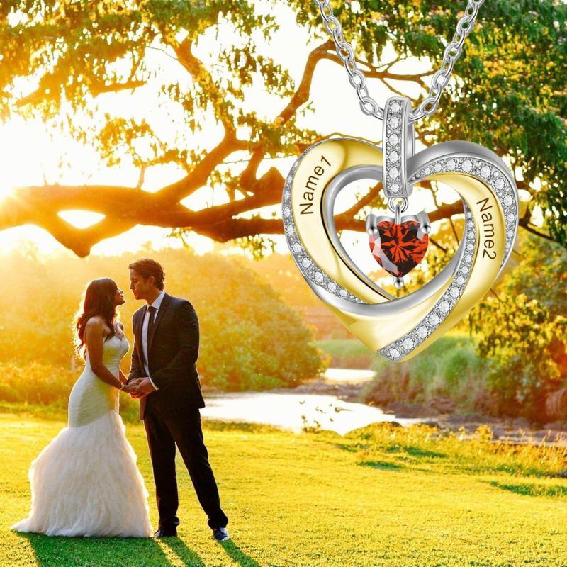 18K Gold Two-tone Cubic Zirconia Personalized Birthstone and Name Heart Pendant Necklace-5