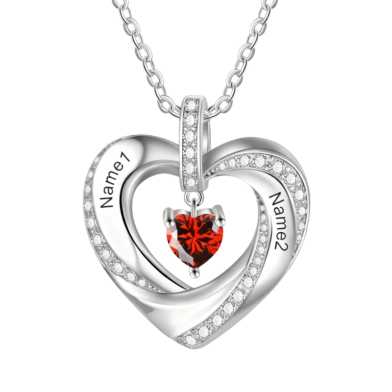 Collier pendentif personnalisé en or blanc 18 carats avec zircon cubique, pierre de naissance, prénom classique et cœur.-1