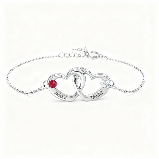 Pulseira personalizada em ouro branco de 10 quilates com zircónias cúbicas, pedra de nascimento, nome clássico personalizado e pendente de coração.
