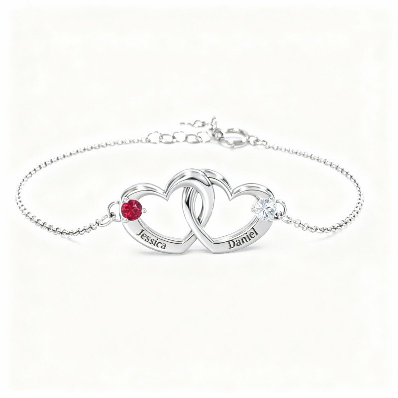 14K White Gold Cubic Zirconia Personalized Birthstone & Personalized Classic Name & Heart With Heart Charm Bracelet-1
