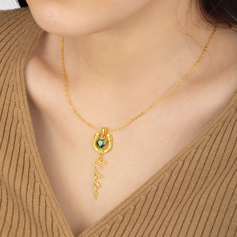 Personalisierte Halskette aus 14-karätigem Weißgold mit Zirkonia, Geburtsstein, Namen und Hufeisenanhänger-2