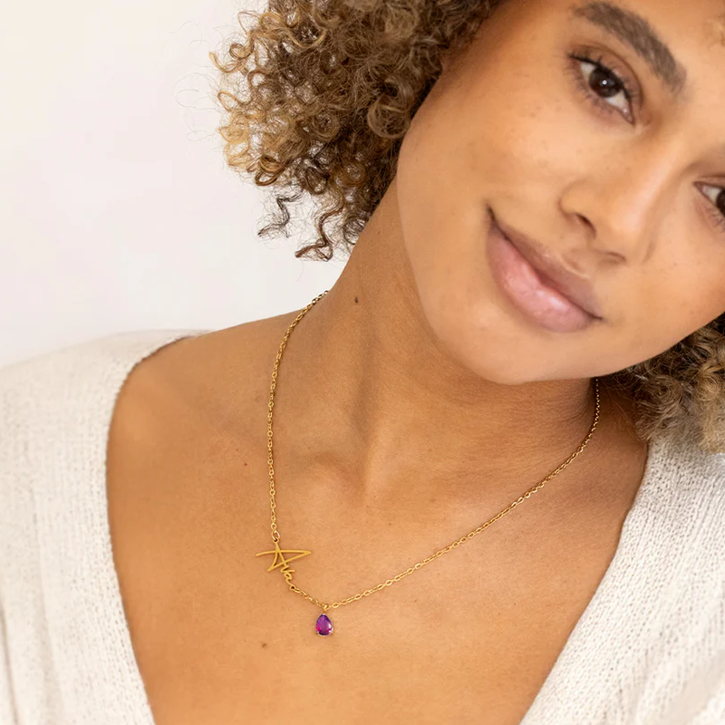 Collar con colgante de oro blanco de 10 quilates, circonita cúbica, piedra natal personalizada y nombre clásico personalizado-3