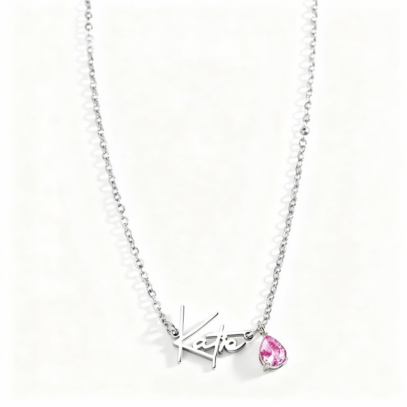 Collar con colgante de oro blanco de 10 quilates, circonita cúbica, piedra natal personalizada y nombre clásico personalizado-1
