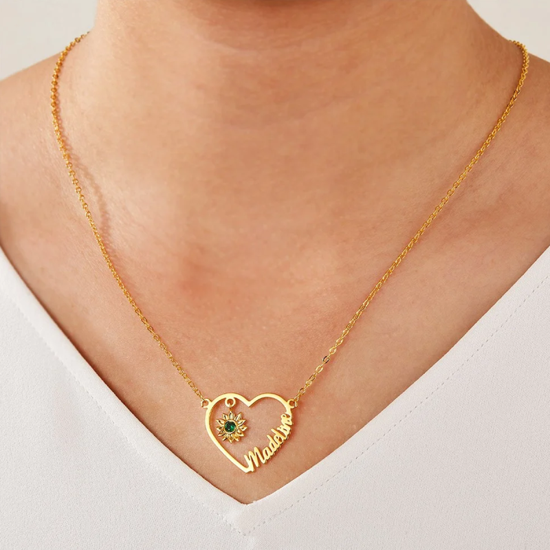 Halskette aus 14-karätigem Roségold mit Zirkonia, personalisiertem Geburtsstein und personalisiertem Namen, Sonnenblumen- und Herzanhänger-2
