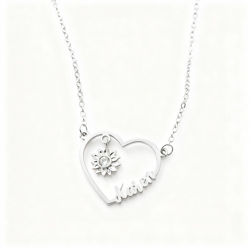 Halskette aus Platin mit weißvergoldetem Zirkonia, personalisiertem Geburtsstein und personalisiertem Namen, klassischem Sonnenblumen- und Herzanhänger-1