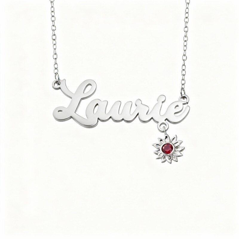 Halskette aus Platin mit weißvergoldetem Zirkonia, personalisiertem Geburtsstein und personalisiertem Namensanhänger in Sonnenblumenform-1