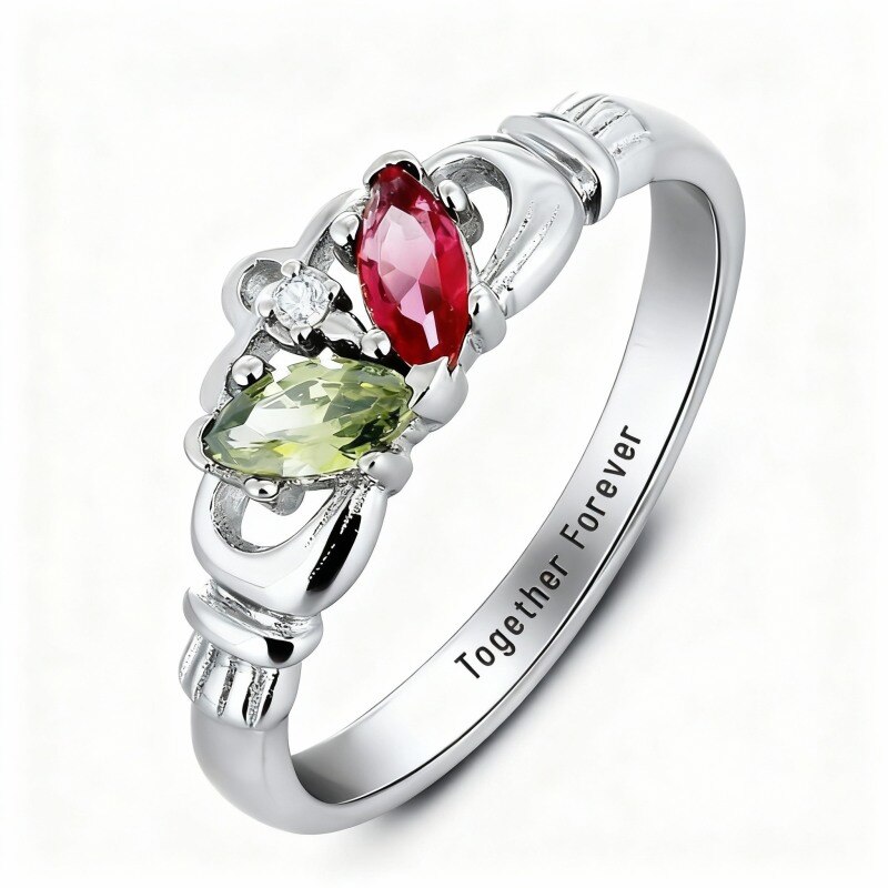 10K White Gold Cubic Zirconia Personalized Birthstone & Personalized Engraving Birthstone Ring-3