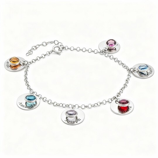 9K White Gold Cubic Zirconia Personalized Birthstone & Personalized Engraving Charm Bracelet