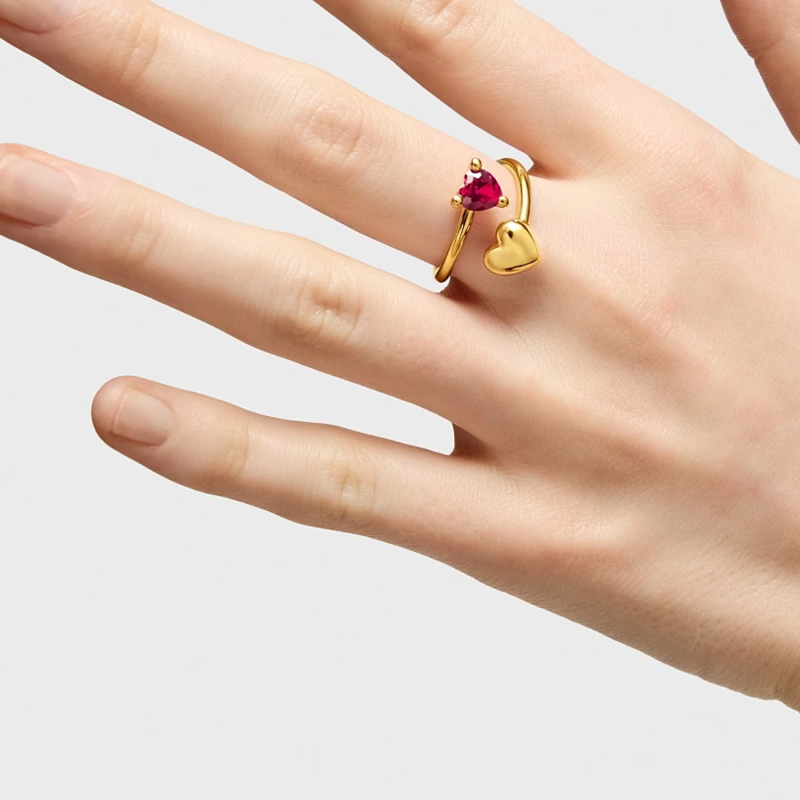 18-karätiger Weißgoldring mit Zirkonia, personalisiertem Geburtsstein, individueller Gravur und offenem Herzdesign-2
