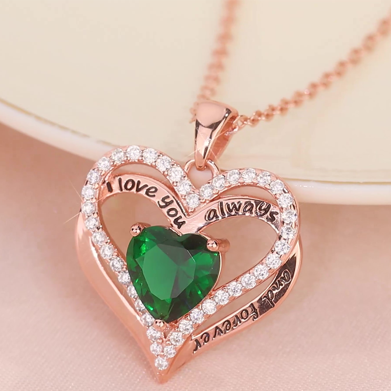 Collar de corazón con grabado personalizado de piedra natal en oro rosa de 10 quilates para mujer-2