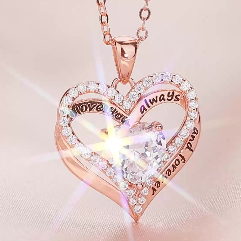 Collar de corazón con grabado personalizado de piedra natal en oro rosa de 10 quilates para mujer-3