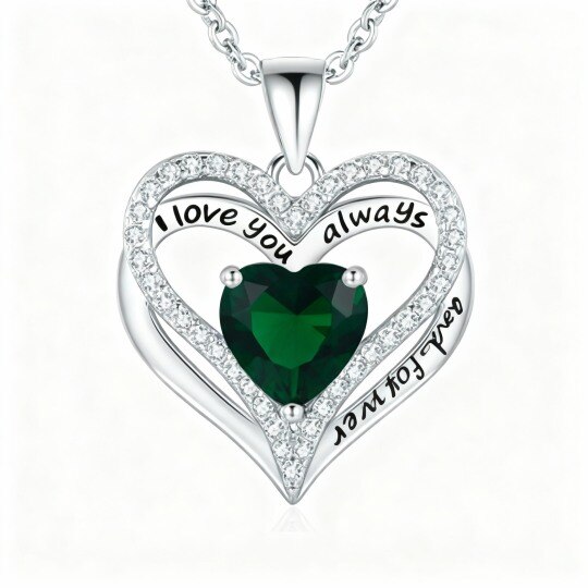 10K White Gold Cubic Zirconia Personalized Birthstone & Personalized Engraving & Heart Pendant Necklace