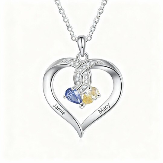 Collier pendentif cœur en or blanc 10 carats avec zircon cubique, pierre de naissance personnalisée et gravure personnalisée