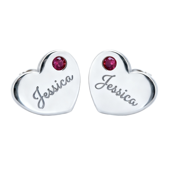 Pendientes de botón en forma de corazón con circonita cúbica de oro blanco de 10 quilates, piedra natal personalizada, grabado personalizado y detalles de circonita cúbica.