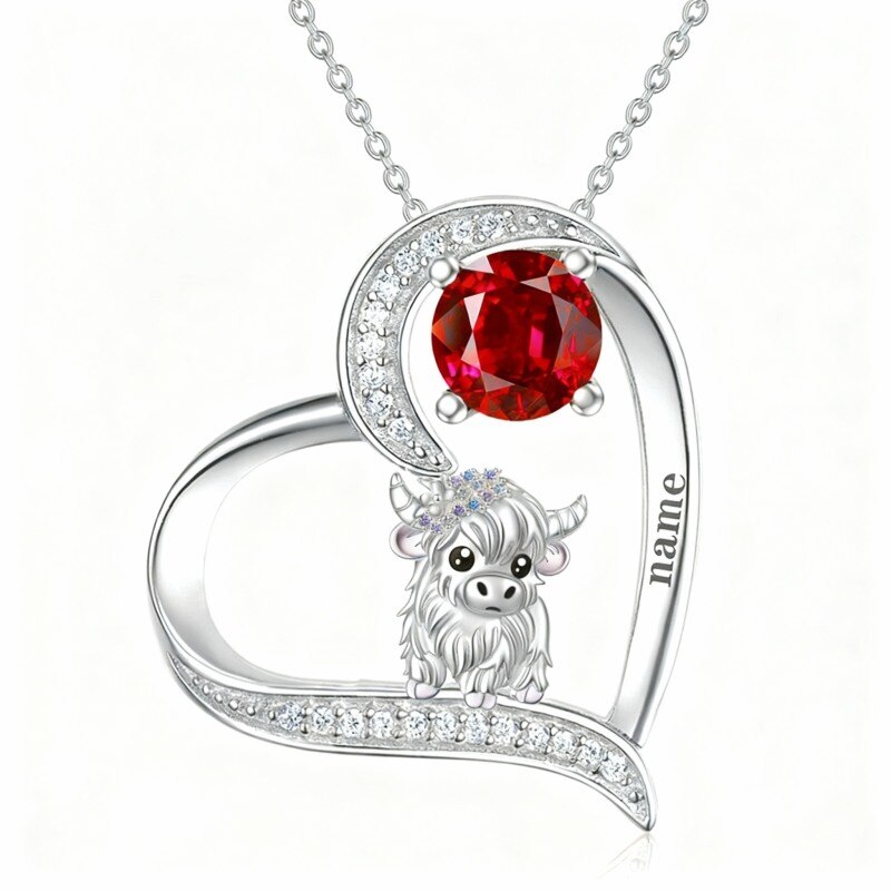 18K White Gold Cubic Zirconia & Personalized Birthstone & Personalized Engraving Highland Cow Pendant Necklace-1