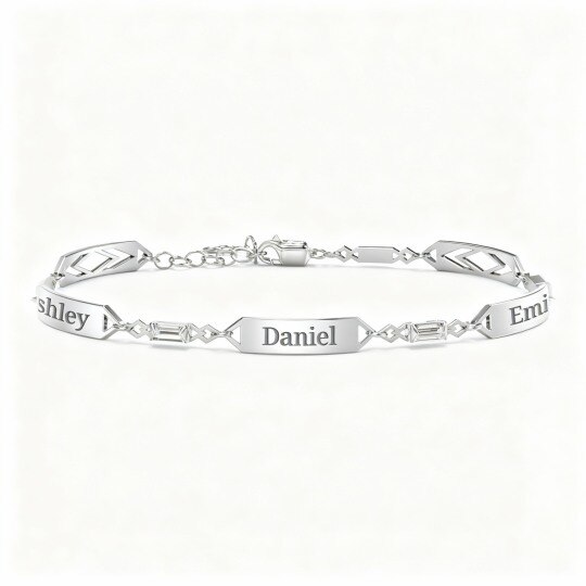 Pulsera de oro blanco de 10 quilates con circonita cúbica, piedra natal personalizada y grabado personalizado.