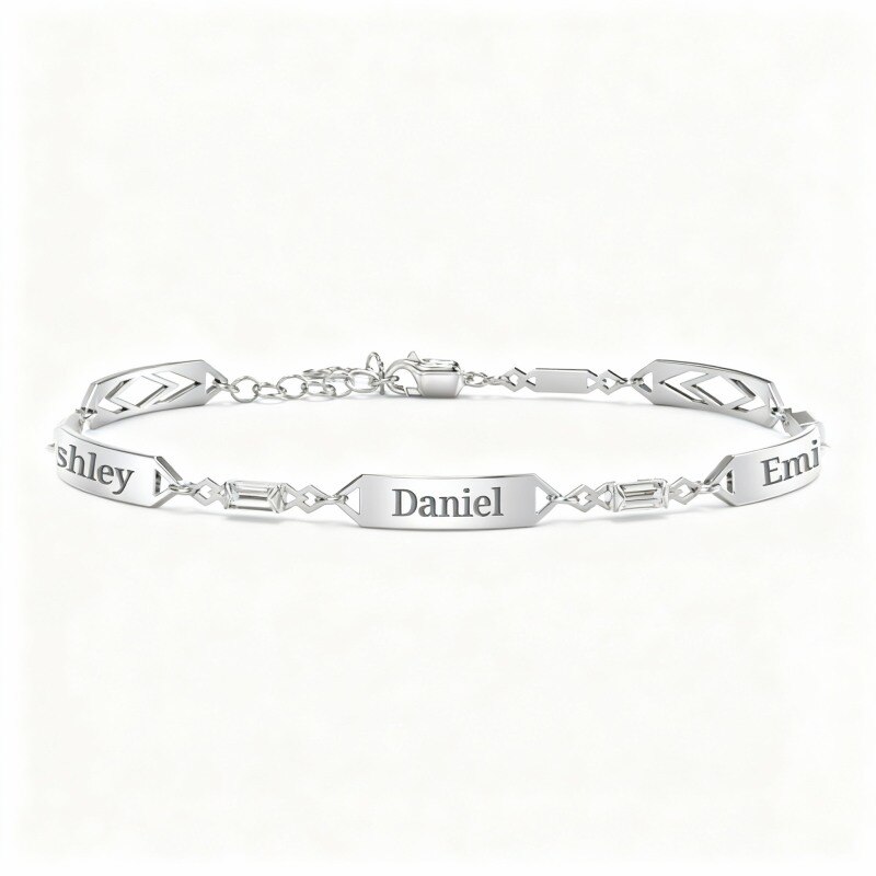 10K White Gold Cubic Zirconia Personalized Birthstone & Personalized Engraving Identification Bracelet-1