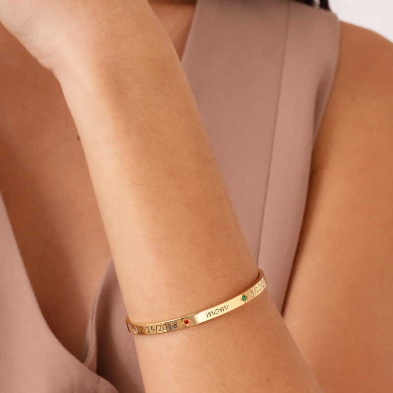 18K Gold Personalized Birthstone Engraving Plain Bangle Bracelet for Women Men-3