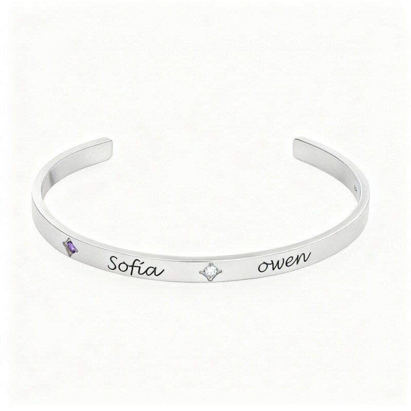 14K White Gold Cubic Zirconia Personalized Birthstone & Personalized Engraving Plain Bangle Bracelet-1